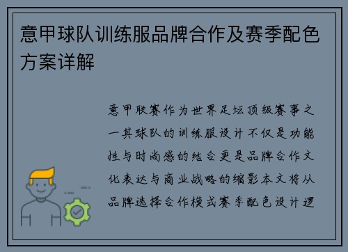 意甲球队训练服品牌合作及赛季配色方案详解